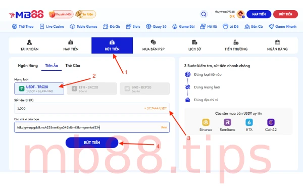 Hướng dẫn rút tiền MB88 khi bạn chưa biết 3 Rút tiền MB88 qua tiền ảo Cryto (USDT)